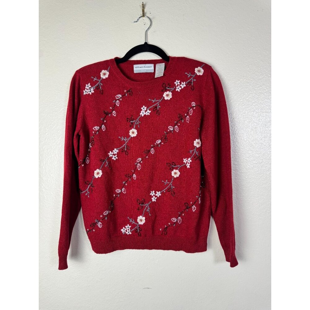 Alfred Dunner Red Floral Embroidered Sweater Size Medium Petite Cottage Boho